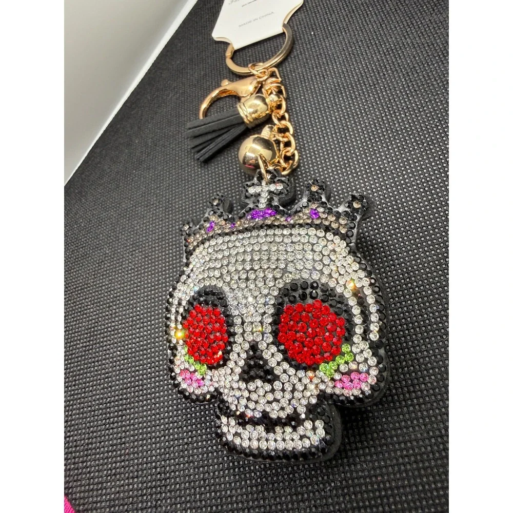 Rhinestone Sugar Skull Keychain Crown Tassel Gold Tone Bag Charm Day of the Dead